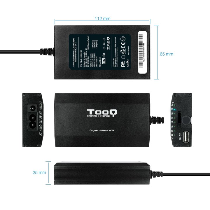 Cargador Universal De Portatil Tooq Tqlc-100bs01m 100w 12 Conectores Puerto Usb