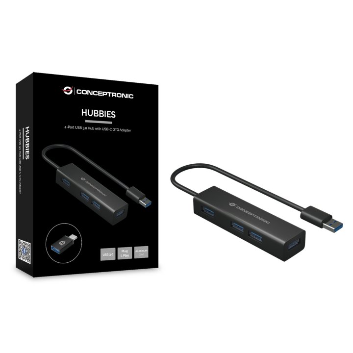 Hub Usb 3.0 Conceptronic Hubbies06b 4 Puertos Usb 3.0 Con Adaptador Usb-c Color Negro Carcasa De Aluminio