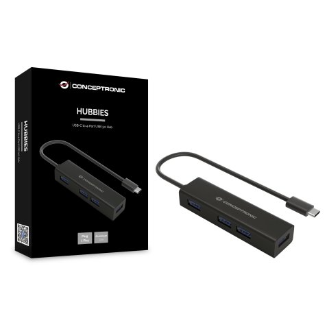 Hub Usb-c 3.0 Conceptronic Hubbies07b 4 Puertos Usb 3.0 Color Negro Carcasa De Aluminio