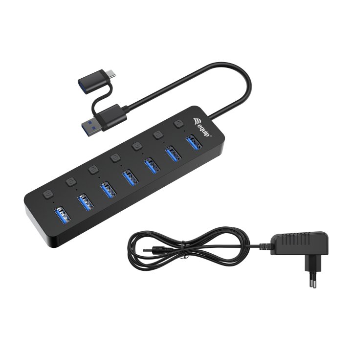 Hub Usb Equip Life 128965 7 Puertos Usb-a 3.2 Gen1 Con Interruptor Led 5v 2a Incluye Adaptador A Usb-c