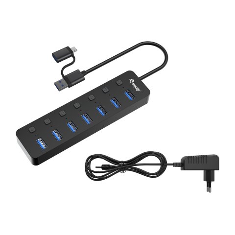 Hub Usb Equip Life 128965 7 Puertos Usb-a 3.2 Gen1 Con Interruptor Led 5v 2a Incluye Adaptador A Usb-c