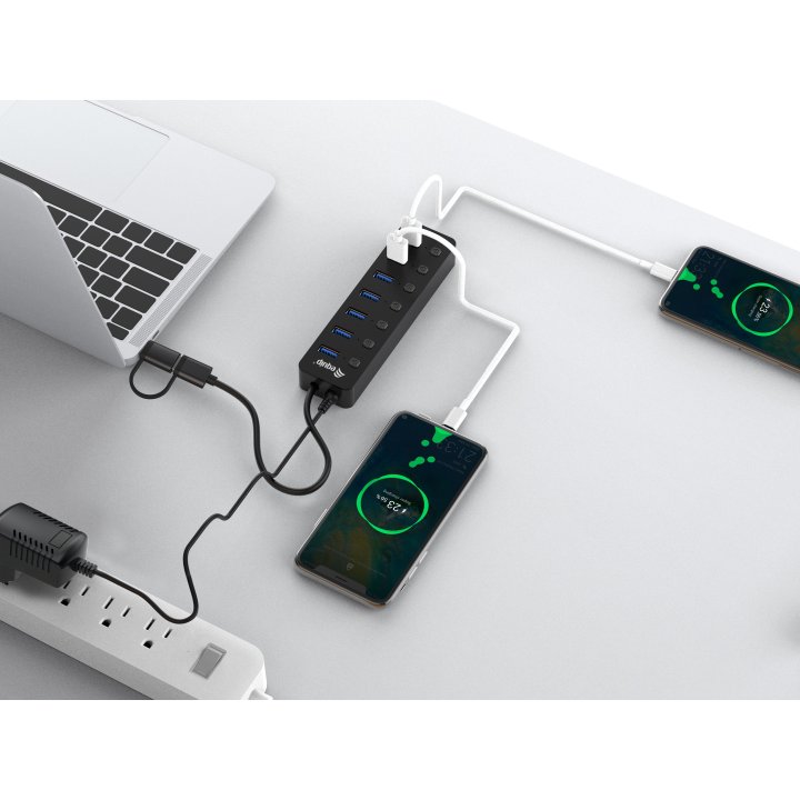 Hub Usb Equip Life 128965 7 Puertos Usb-a 3.2 Gen1 Con Interruptor Led 5v 2a Incluye Adaptador A Usb-c