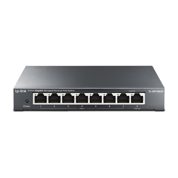 Switch Gestionable Reverse Poe Tp-link Rp108ge 7entradas Poe Y 1salida Poe Gigabit 1puerto De Salida Cc Conmutable A 5v Y 12v