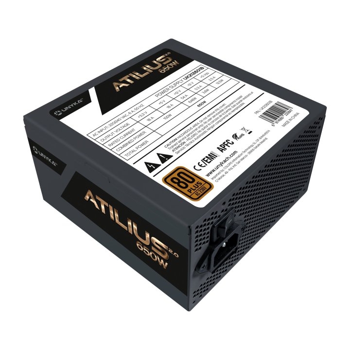 Fuente De Alimentacion Unyka Atilus Atx 650w 80plus Bronze Pfc Activo Ventilador 120mm Ultra Silciosa Sin Caja Retail
