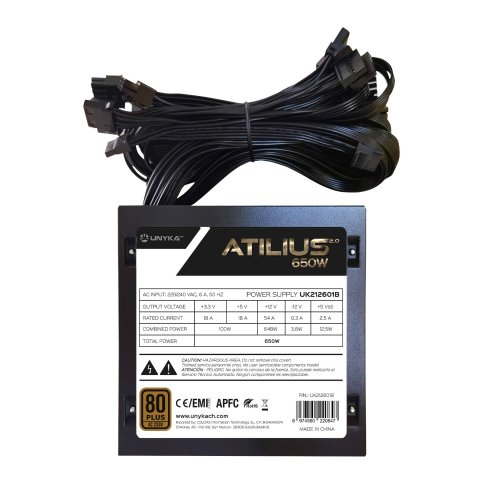 Fuente De Alimentacion Unyka Atilus Atx 650w 80plus Bronze Pfc Activo Ventilador 120mm Ultra Silciosa Sin Caja Retail