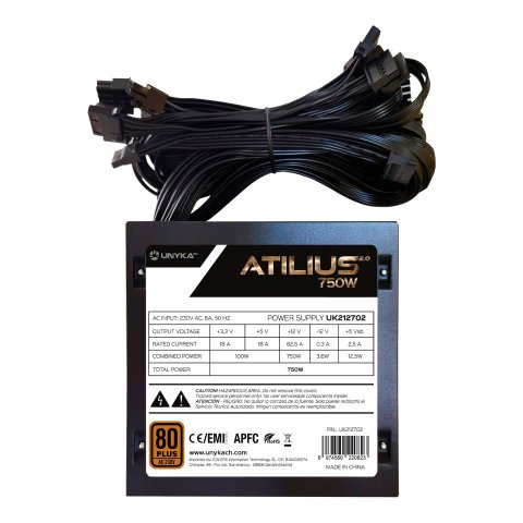 Fuente De Alimentación Unyka Atilus Atx 750w 80plus Bronze Pfc Activo Ventilador 120mm Ultra Silencioso Negra