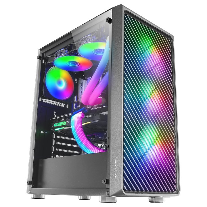 Caja Atx Semitorre Gaming Mars Gaming Mc-f Black Frontal Metal Mesh 3 Ventiladores Argb 120mm +1 Trasero Lateral De Cristal T