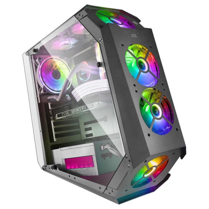 Caja Atx Semitorre Gaming Mars Gaming Mc51 Black Diseño Extremo 5 Ventiladores 120mm Chroma Rgb Laterales De Cristal Templado