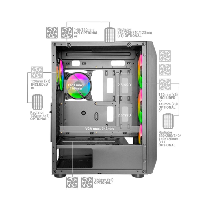 Caja E-atx Torre Gaming Mars Gaming Mc-kx Xxl White Lateral Cristal Templado Frontal Mesh Incluye 5 Ventiladores Argb Sin Fue