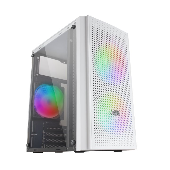 Caja Microatx Gaming Mars Gaming Mc300 White Frontal Mesh 3xventiladores 120mm Rgb Lateral De Cristal Templado Sin Fuente De 