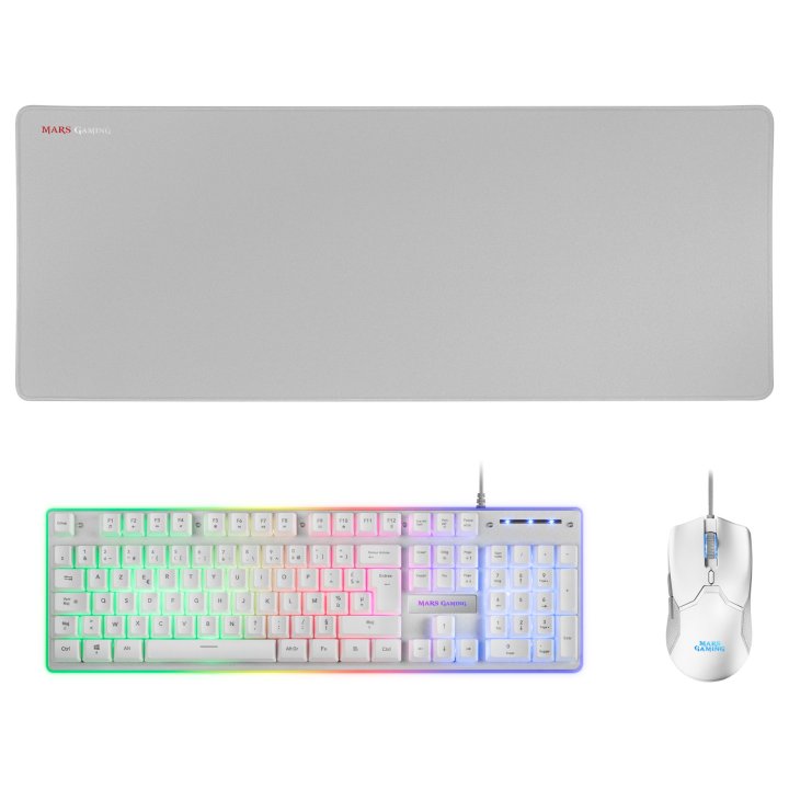 Pack Teclado Mouse Y Alfombrilla Mars Gaming Mcpx Frances White Telcado Hibrido H-mech Mouse Ultra Ligero 10k Y Alfombrilla X