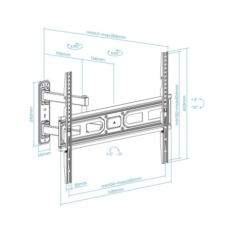 Soporte De Pared Orientable Tooq Lp7863tn-b Para Pantalla 37"- 70" Doble Brazo Con Giro E Inclinacion Max 35kg Vesa 100x100 H