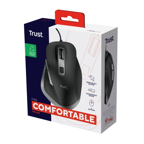 Mouse Trust Fyda Con Cable, 6 Botontes, Rueda Desplazamiento 5000dpi Negro 24728