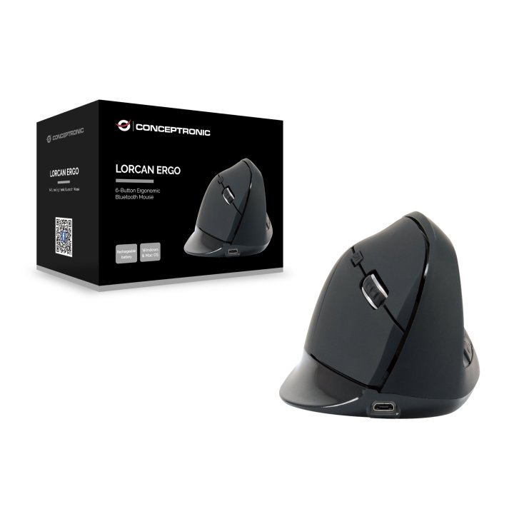 Mouse Conceptronic Bluetooh Lorcan03 5.2 Ergonomico 6 Botones 1600dpi Bateria Recargable Color Negro