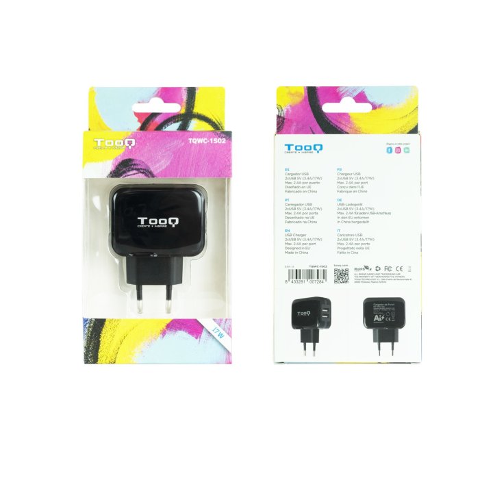 Cargador De Pared Tooq Tqwc-1s02 2xusb 3.4 A(total) Ai-tech Color Negro