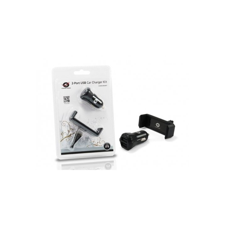Cargador De Coche Conceptronic 5v 2xusb Para Coche 12 24v + Soporte Smartphone Toma Ventilacion Cusbcar2akit
