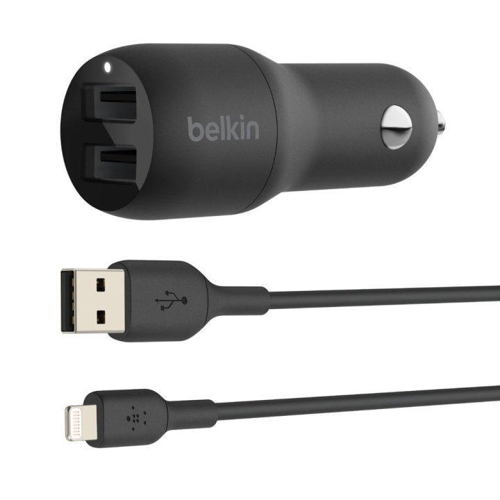 Cargador De Coche Belkin Ccd001bt1mbk Doble Usb-a 24w + Cable Usb A Lightning 1m Negro