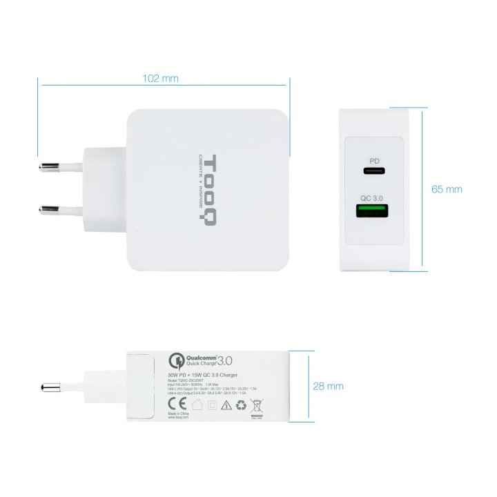Cargador De Pared Tooq Tqwc-2s03wt Usb-c Pd + Usb A Qc3.0 Blanco
