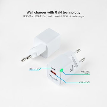 Cargador De Pared Tooq Tqwc-ganqcpd30wt Usb-c Pd + Usb-a Qc 30w Blanco 2