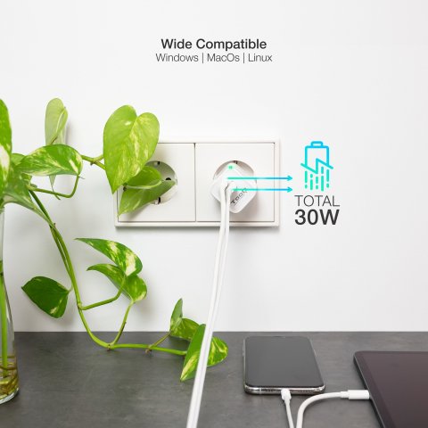 Cargador De Pared Tooq Tqwc-ganqcpd30wt Usb-c Pd + Usb-a Qc 30w Blanco