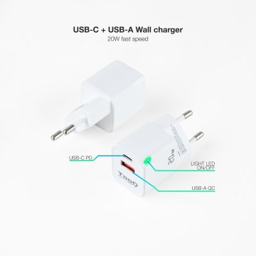 Cargador De Pared Tooq Tqwc-qcpd20wt Usb-c Pd + Usb-a Qc 20w Blanco 2