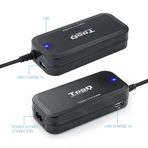 Cargador Universal De Portatil Tooq Tqlc-90bs02at 90w Automatico 12 Conectores 2 Puertos Usb