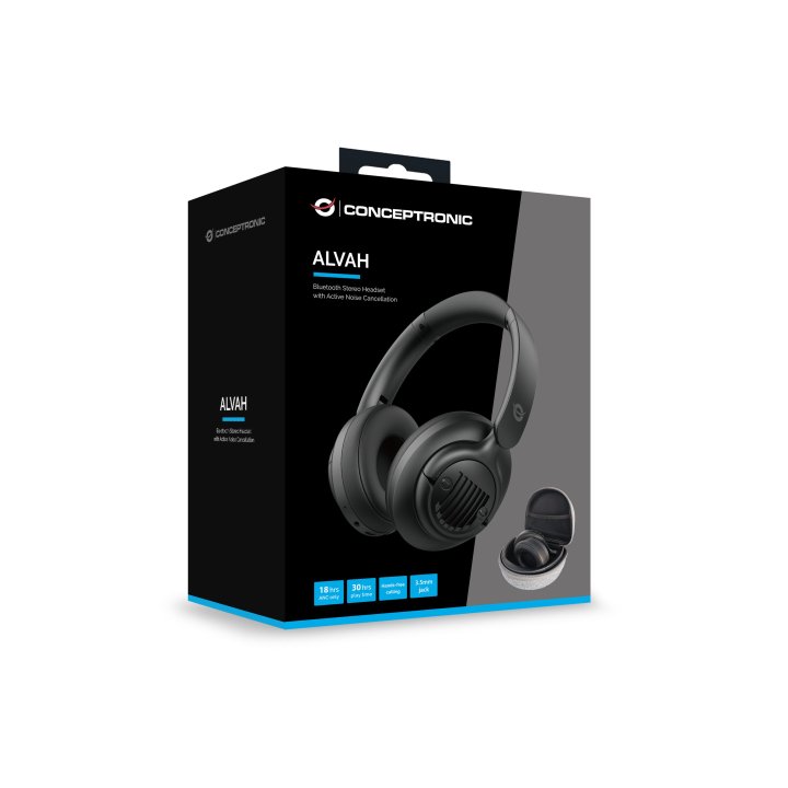 Headset Bluetooth Conceptronic Alvah02b Con Cancelacion De Ruido Carga Usb-c Entrada 1xjack 3.5mm Bateria 30h Plegable