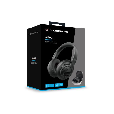 Headset Bluetooth Conceptronic Alvah02b Con Cancelacion De Ruido Carga Usb-c Entrada 1xjack 3.5mm Bateria 30h Plegable