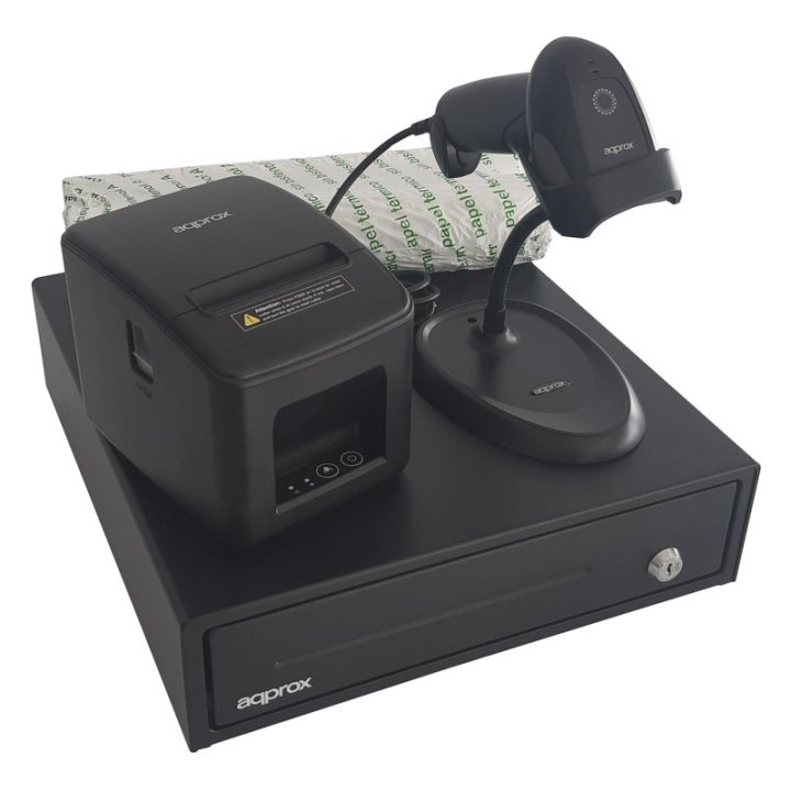 Kit Tpv Approx Cajon Appcash33 Negro + Scan Appls11as + Imp. Term.  Apppos80am-usb + Papel Cyt8060bp
