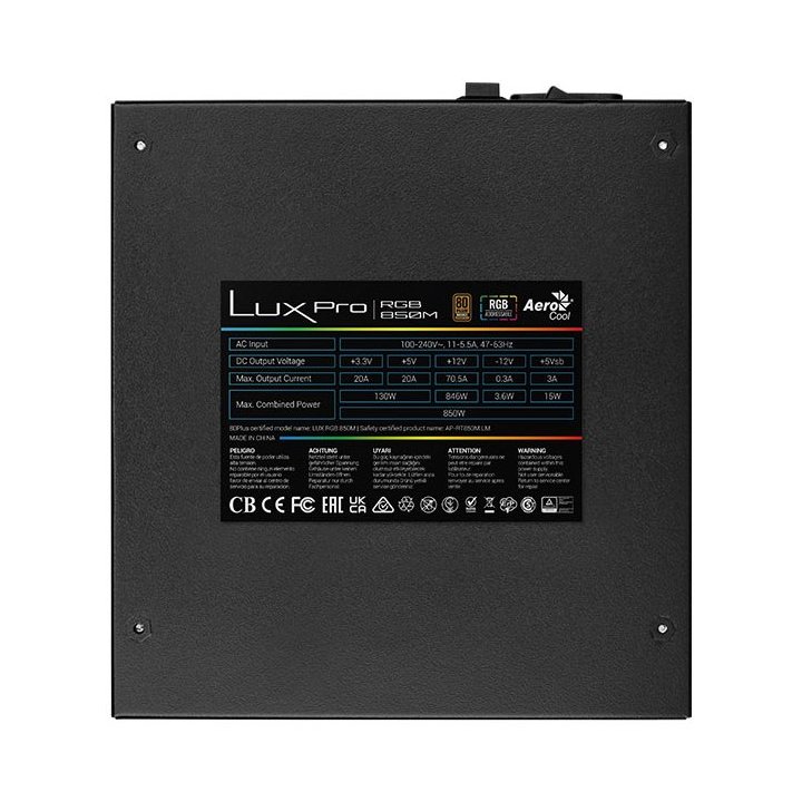 Fuente De Alimentacion Atx Modular Aerocool Lux Pro 850w Certificado 80+ Bronze Apfc Vent.14cm Rgb