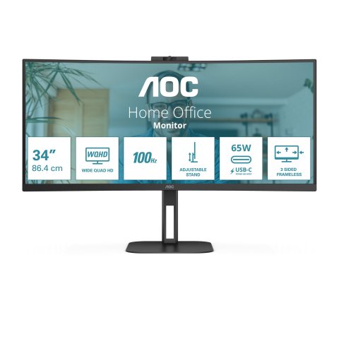 Monitor 34" Curvo Usb-c Dp Hdmi Aoc Cu34v5c bk Va Wqhd 3440x1440 1500r 100hz 4ms Vesa 100x100 Negro