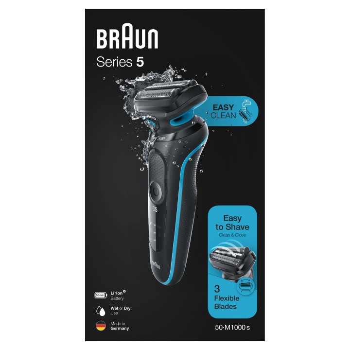 Afeitadora Braun Serie 5 50m1000s 3 Laminas Flexibles Easyclean Bateria De Litio 50min Carga Rapida Uso En Seco Y Mojado