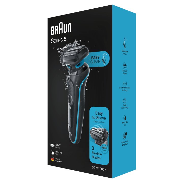 Afeitadora Braun Serie 5 50m1000s 3 Laminas Flexibles Easyclean Bateria De Litio 50min Carga Rapida Uso En Seco Y Mojado
