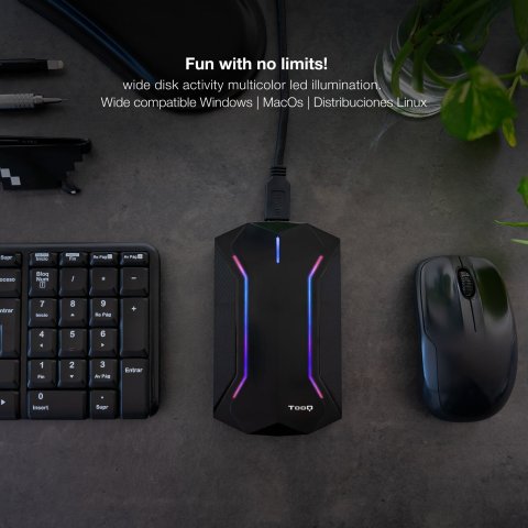 Caja Externa 2.5" Usb 3.0 Tooq Tqe-2599rgb Para Hd Hasta 9.5mm Sata Usb 3.0 3.1 Gen1 Gaming Con Iluminacion Rgb