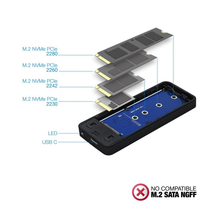 Caja Externa M.2 Usb-c Tooq Tqe-2280b Para M.2 Nvme Pcie Usb 3.1 Gen2 Negra
