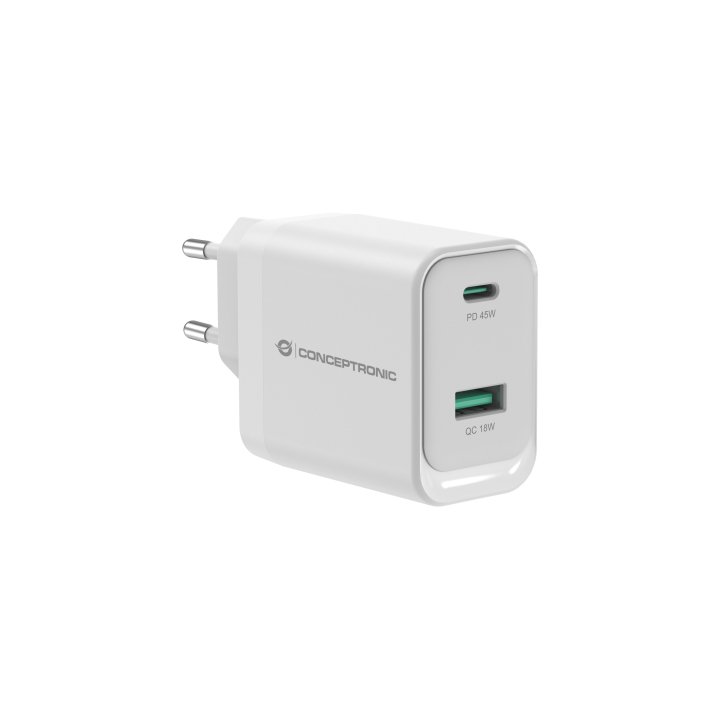 Cargador De Pared Quick Charge 3.0 Pd  Pps 1 Puerto Usb-c 1 Puerto Usb-a Conceptronic Althea 45w 