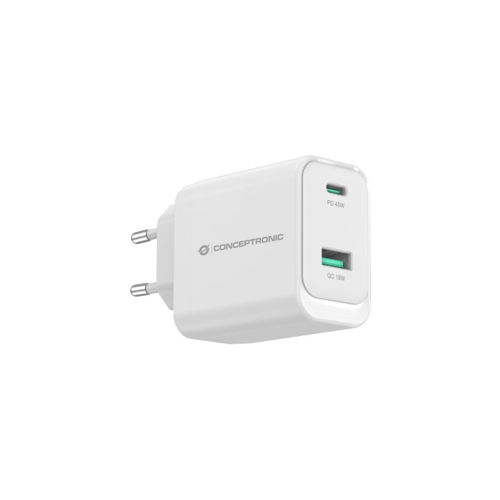 Cargador De Pared Quick Charge 3.0 Pd  Pps 1 Puerto Usb-c 1 Puerto Usb-a Conceptronic Althea 45w 