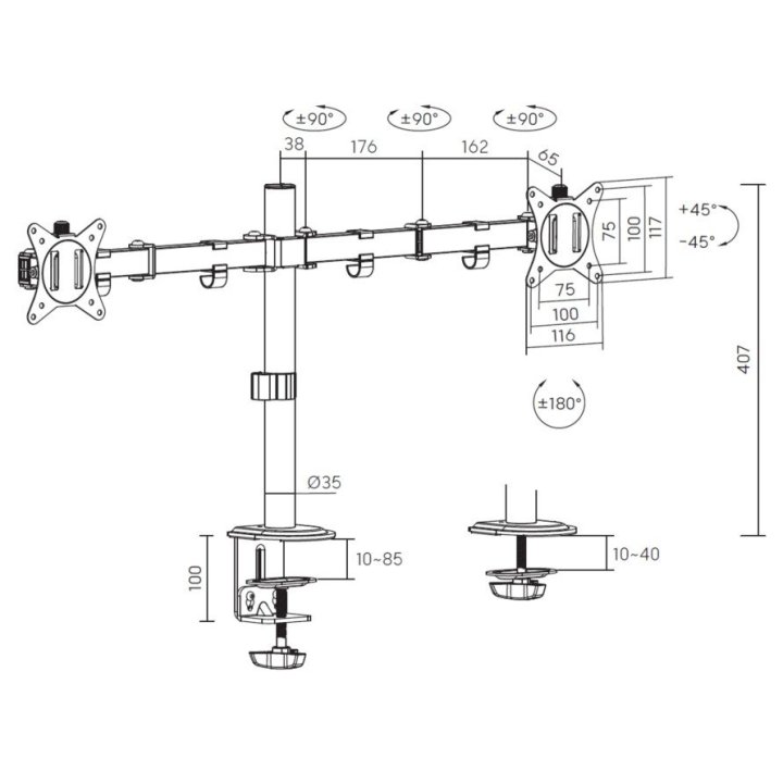 Soporte De Mesa Equip 650167 Para 2 Pantallas 17"-32" Brazo Inclinable Y Giratorio 360 Color Blanco