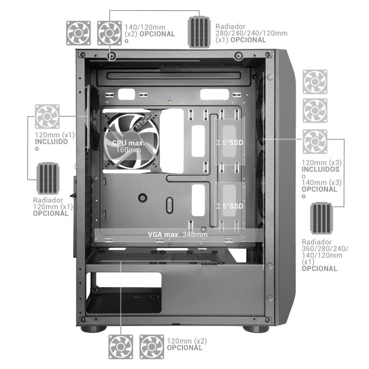 Caja E-atx Torre Gaming Mars Gaming Mc-pro2 Xxl Black Laeral Creistal Templado Frontal Rejilla Con 3+2 Ventiladores Incluidos