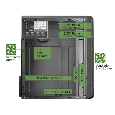 Caja Microatx Tacens Anima Acm500 Frontal Negro Diseño Alumini Pulido Usb 3.0 Y 2.0 Fuente De 500w Incluida