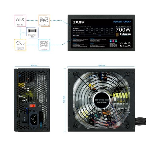 Fuente De Alimentacion Gaming Tooq 700w 80+ Bronze Atx12v V2.31 Apfc 82+ Led On off