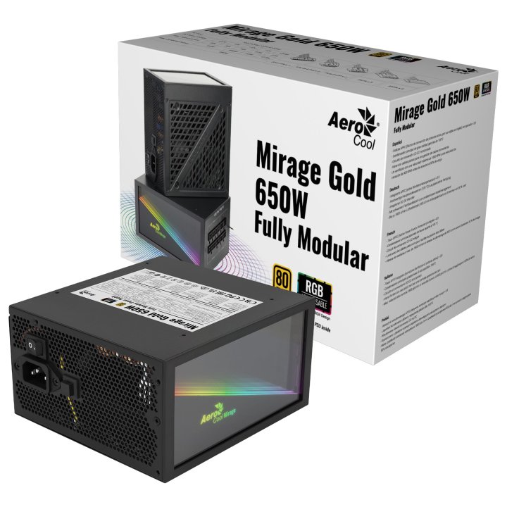 Fuente Alimentacion Aerocool Mirage 650w Modular Certificado 80 Plus Gold Pfc Activo, Vent. 12x12cm Ultra Silencioso Haswell 
