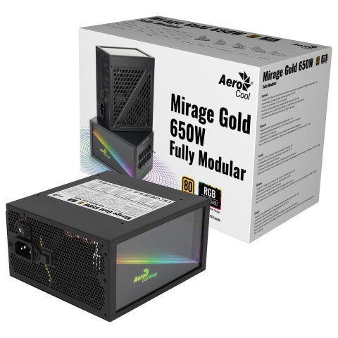 Fuente Alimentacion Aerocool Mirage 650w Modular Certificado 80 Plus Gold Pfc Activo, Vent. 12x12cm Ultra Silencioso Haswell 