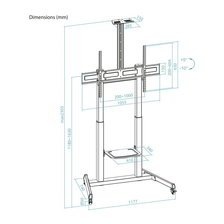 Soporte De Suelo Con Ruedas Tooq Fs20406hm-b Pantallas 60"-100" Max 120kg Vesa Max 1000x600 2 Bandejas Regulable En Altura