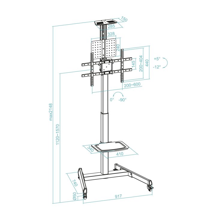 Soporte De Suelo Con Ruedas Tooq S1184m-b Pantallas 30"-70" Max. 100kg Vesa Max. 600x400 2 Bandejas Regulable En Altura