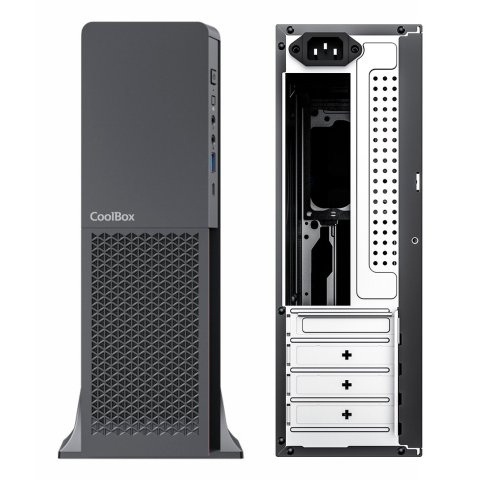 Caja Microatx Slim Coolbox T313 1x 3.5″ 2x2.5″ Gpu 225max Low Profile  Fuente 500gr-s Negro
