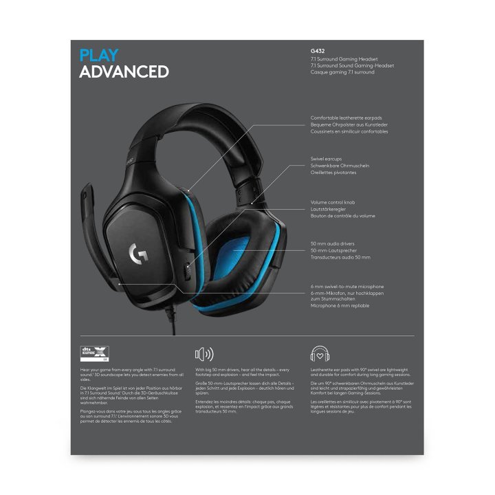 Headset Logitech G432 Lightspeed Gaming 7.1 Dts Negro
