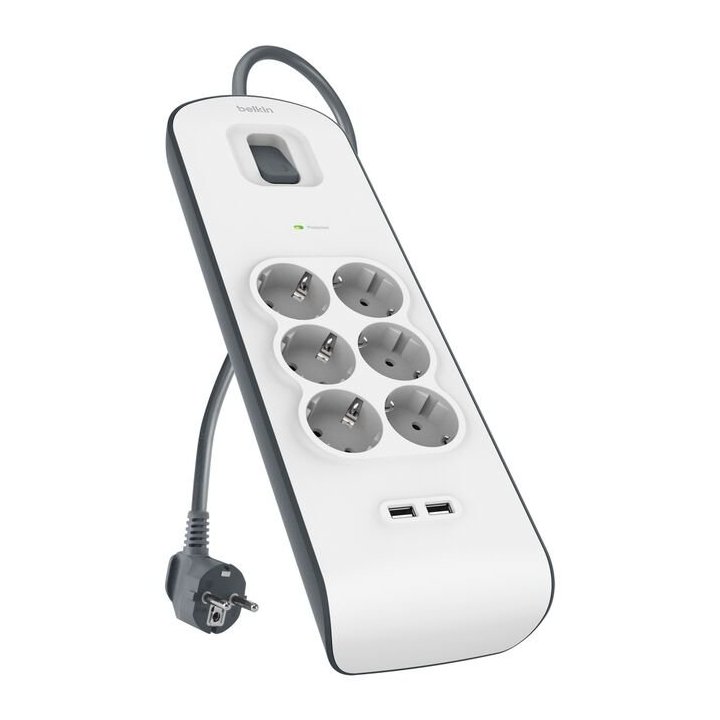 Regleta Alimentacion Belkin Bsv604vf2m-v2 Protección Contra Sobret 6 Tomas + 2 Usb- A 2,4 Boton 
