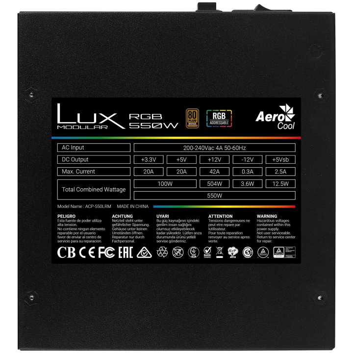 Fuente Alimentacion Aerocool Lux Rgb 550w, Certificado 80 Plus Bronze, Modular , Pfc Activo, Vent. 12x12cm Iluminacion Rgb-a 