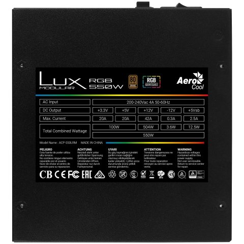Fuente Alimentacion Aerocool Lux Rgb 550w, Certificado 80 Plus Bronze, Modular , Pfc Activo, Vent. 12x12cm Iluminacion Rgb-a 
